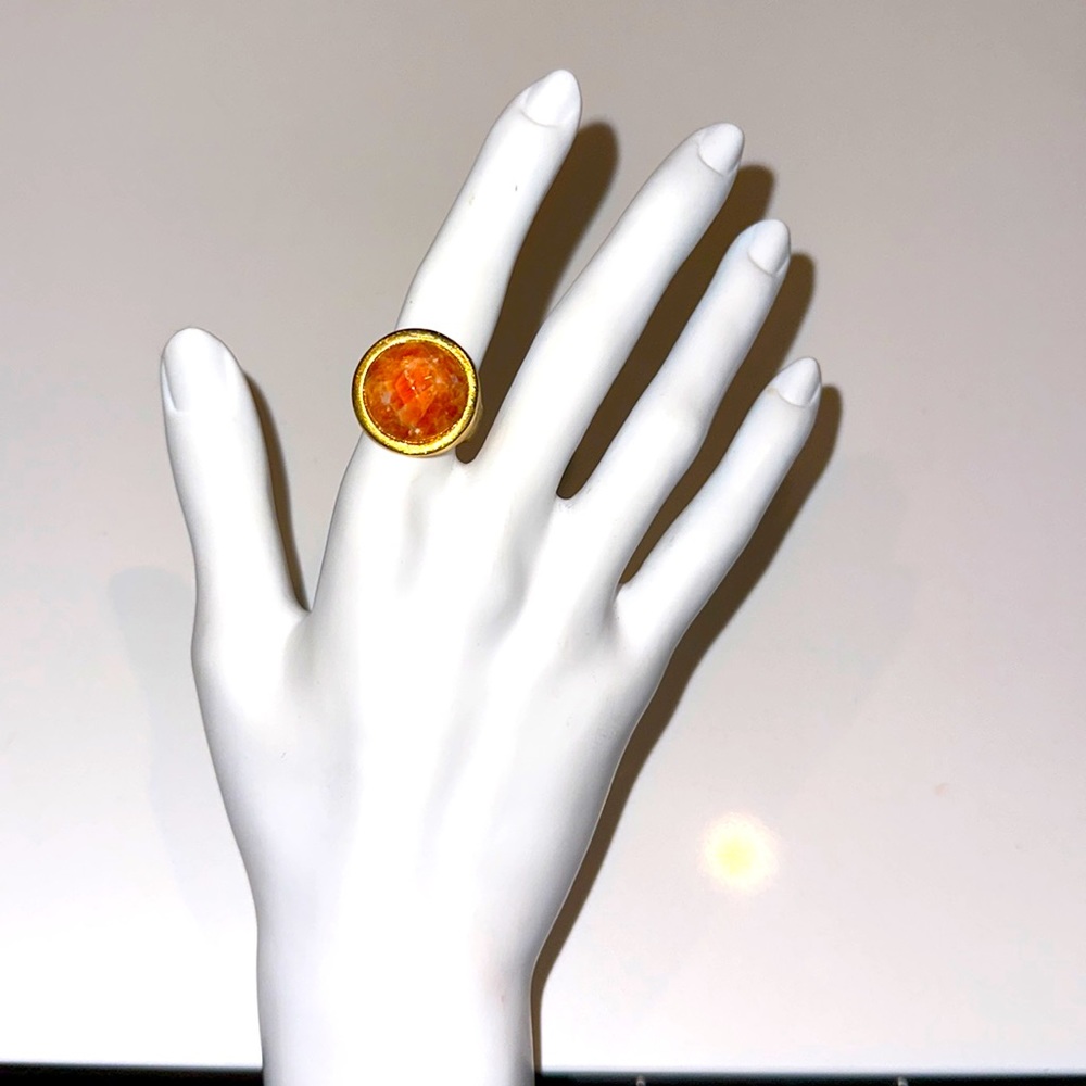MARCIA MORAN brushed gold tone orange quartz cocktail statement ring 6 7